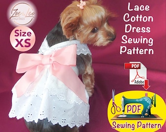 Dog Lace Summer cotton Dress pattern, Cat summer dress, Cute Pet summer dress, dog clothes pattern, dog wedding dress, Size XS.