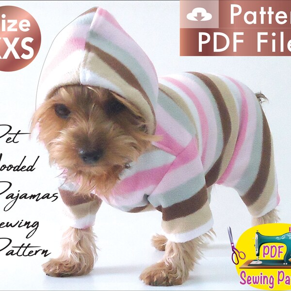 Dog Hooded Pajamas Pattern, Dog Soft Pajamas pattern, Dog Fleece Pajamas, Small dog clothes patterns, size XXS