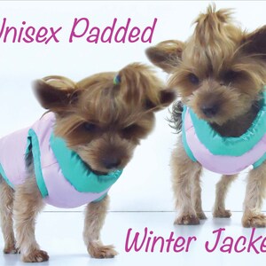 May include: Two small dogs wearing pink and teal padded winter jackets. The jackets have a quilted design and are labeled "Unisex Padded Winter Jacket" in pink text. The dogs are standing against a white background.