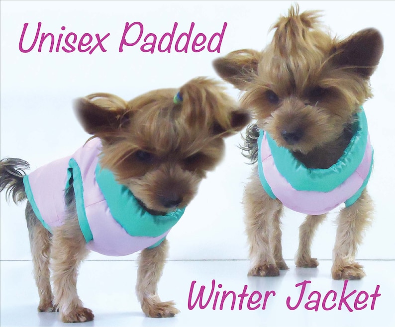 May include: Two small dogs wearing pink and teal padded winter jackets. The jackets have a quilted design and are labeled "Unisex Padded Winter Jacket" in pink text. The dogs are standing against a white background.