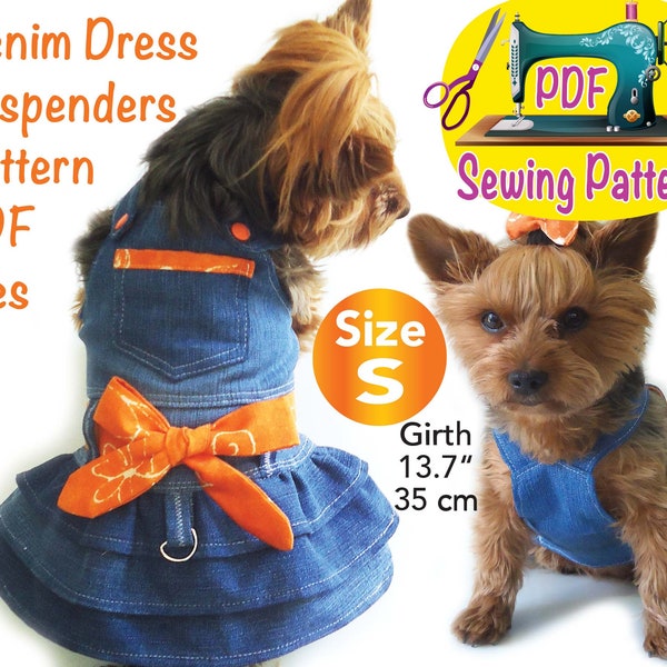Dog Denim Dress Suspenders sewing Pattern, Pet Denim dress sewing pattern, Cat Dress pattern, Cute pet clothes, fashion pet clothes, size S.