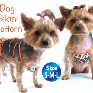 May include: Two Yorkshire Terrier dogs wearing orange and multi-colored dog bikinis. The text "Dog Bikini Pattern" and "Size S-M-L" is visible in the image.