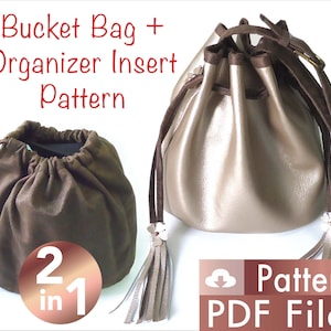 May include: A 2-in-1 bucket bag and organizer insert sewing pattern. The pattern includes instructions for making a brown suede bucket bag with a drawstring closure and a matching organizer insert. The pattern is available as a digital download in PDF format.