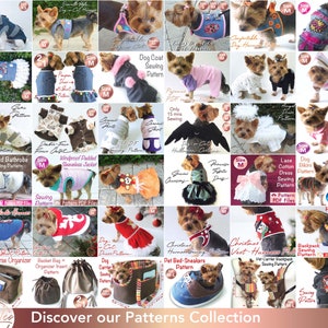 May include: A collection of sewing patterns for dog clothes and accessories. The patterns include designs for hooded bathrobes, dresses, jackets, pajamas, harnesses, and more. The patterns are available in multiple sizes and are perfect for dog owners who want to create custom outfits for their furry friends.