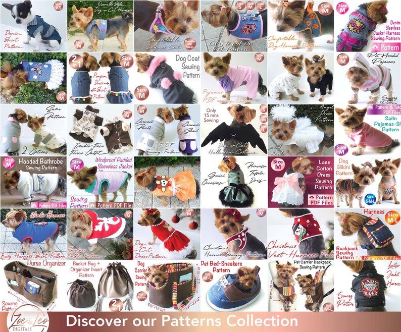May include: A collection of sewing patterns for dog clothes and accessories. The patterns include designs for hooded bathrobes, dresses, jackets, pajamas, harnesses, and more. The patterns are available in multiple sizes and are perfect for dog owners who want to create custom outfits for their furry friends.