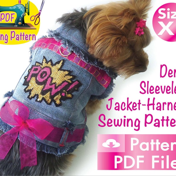 Dog Denim sleeveless jacket harness Pattern, Pet jacket, Cat vest, Cat Jacket, cute dog clothes pattern, Small dogs clothes pattern, size XL