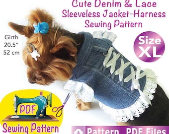 Dog Denim and Lace sleeveless jacket harness Pattern, Pet jacket, pet vest, cute dog clothes pattern, Small dogs clothes pattern, size XL.