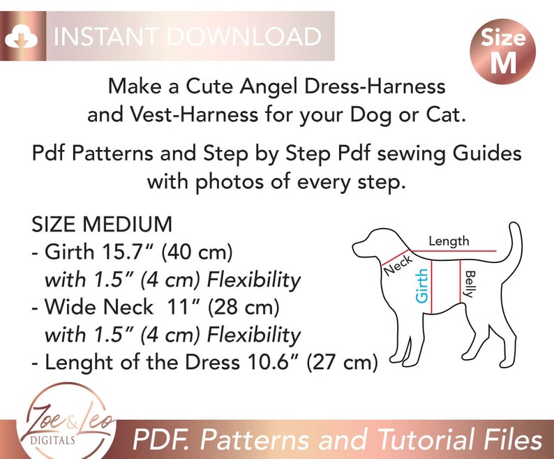 Puede incluir: Patr&oacute;n PDF digital para un arn&eacute;s-vestido de &aacute;ngel y un arn&eacute;s-chaleco para perros o gatos. Incluye gu&iacute;as de costura paso a paso con fotos. Talla M: Contorno de pecho 40 cm, cuello 28 cm, largo del vestido 27 cm.