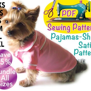 Könnte beinhalten: Ein Nähmuster für ein pinkfarbenes Satin-Hundesocken im PDF-Format. Das Muster umfasst die Größen XXS, XS, S, M, L und XL. Das Bild zeigt einen kleinen Hund, der das Hemd trägt. Der Text "Save 25% Bundle All Sizes" ist ebenfalls im Bild enthalten.