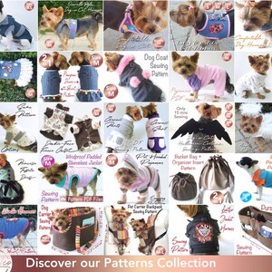 Op de afbeelding: Een verzameling patronen voor honden kleding, waaronder spijkeroverhemden, tuigjes, jurken, jassen, pyjama's en jassen. De patronen zijn voor verschillende maten en stijlen, met tekst zoals "Dog Coat Sewing Pattern" en "Discover our Patterns Collection".