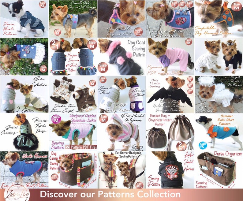 Op de afbeelding: Een verzameling patronen voor honden kleding, waaronder spijkeroverhemden, tuigjes, jurken, jassen, pyjama's en jassen. De patronen zijn voor verschillende maten en stijlen, met tekst zoals "Dog Coat Sewing Pattern" en "Discover our Patterns Collection".