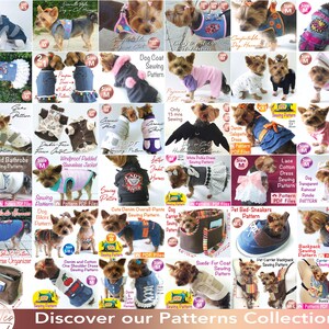 May include: A collage of sewing patterns for dog clothes and accessories. The patterns feature various styles, including denim shirts, hooded bathrobes, dresses, and harnesses. The patterns are available in different sizes and are perfect for dog owners who want to create custom outfits for their furry friends. Discover our Patterns Collection.