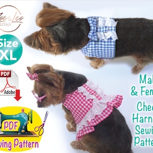 Könnte beinhalten: Zwei kleine Hunde mit karierten Geschirren, eines blau und eines rosa. Das Bild enthält den Text "Male & Female Check Harness Sewing Pattern" und "Size XL". Das Bild enthält auch den Text "PDF Sewing Pattern".