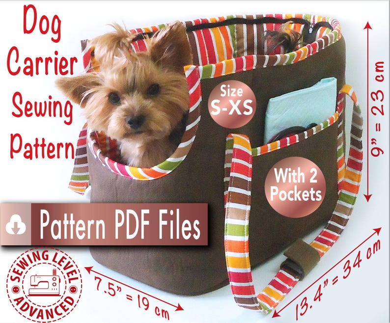 May include: A brown and striped dog carrier with two pockets. The carrier is 9 inches tall, 13.4 inches wide, and 7.5 inches deep. The carrier is labeled "Size S-XS".