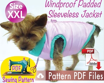 Dog Windproof Jacket pattern, Dog Padded Sleeveless Jacket, Dog Practical winter Jacket harness, Cute dog clothes sewing pattern, size XXL.