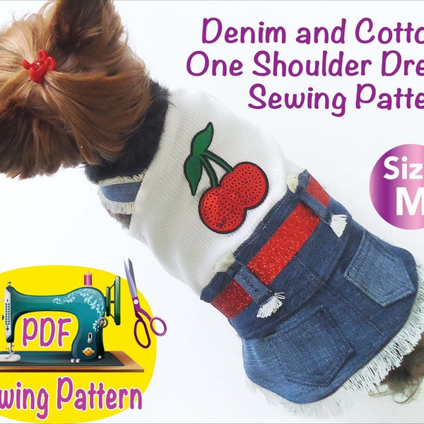 Dog Denim Cotton Dress Pattern, Cute pet dress, Pet Denim skirt and cotton shirt pattern, Cute dog clothes, fashion pet clothes, size M.