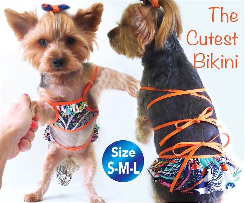 May include: A small dog wearing a colorful bikini with orange straps and a paisley print. The dog is standing on a white background. The text "The Cutest Bikini" and "Size S-M-L" are visible in the image.