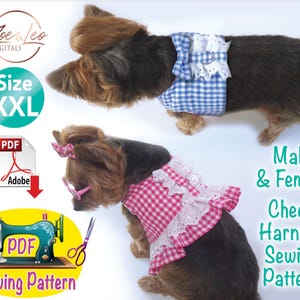 Könnte beinhalten: Zwei kleine Hunde mit karierten Geschirren, eines blau und eines rosa, mit weißer Spitzenborte. Das Bild enthält den Text "Male & Female Check Harness Sewing Pattern" und "Size XXL". Ein PDF-Schnittmuster ist ebenfalls abgebildet.