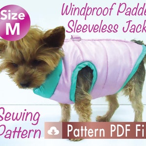 May include: A small dog wearing a pink and teal windproof padded sleeveless jacket. The jacket has a quilted design and is labeled "Size M". Text on the image reads "Windproof Padded Sleeveless Jacket" and "Sewing Pattern Pattern PDF Files".