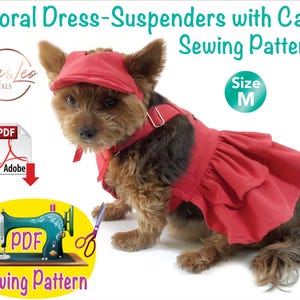 May include: A small dog dressed in a coral dress with suspenders and a cap. The image features text saying "Coral Dress-Suspenders with Cap Sewing Pattern" and "Size M". A PDF sewing pattern graphic is also visible.