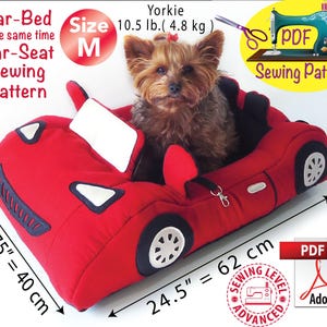 May include: Red car-shaped pet bed sewing pattern for a Yorkie weighing 10.5 pounds. The pattern includes instructions for a car bed and a car seat. The pattern is available in size M. The pattern is a PDF download.