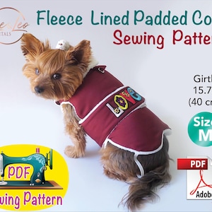 Puede incluir: Un patrón de costura PDF para un abrigo acolchado forrado de forro polar para perro. El patrón es para la talla M y tiene una circunferencia de 40 cm (15,7 pulgadas). El patrón incluye un perro lindo usando el abrigo, una máquina de coser y un icono PDF.