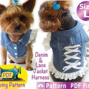 Puede incluir: Un patrón de costura para un arnés de chaqueta de mezclilla y encaje para perro. El patrón está disponible en talla L, con una circunferencia de 18.1 pulgadas o 46 cm. El patrón está disponible para descargar en PDF.