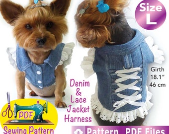 Dog Denim and Lace sleeveless jacket harness sewing Pattern, Pet vest, Pet Jacket, cute dog clothes pattern, dog clothes pattern, size L.