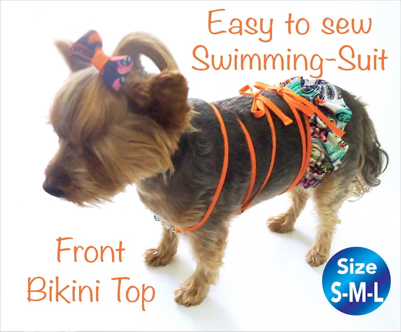 May include: A small dog wearing a bright orange and white patterned bikini top and matching bottom. The dog is wearing a bow in its hair. The text "Easy to sew Swimming-Suit" is at the top of the image. The text "Front Bikini Top" is at the bottom left of the image. The text "Size S-M-L" is at the bottom right of the image.