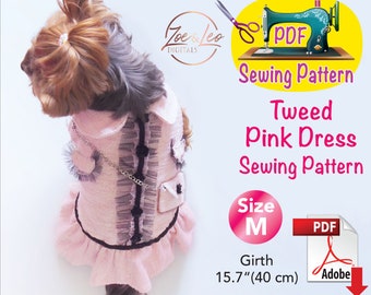 Pet dog tweed Pink dress Sewing Pattern, dog cat clothes pattern, cute pet comfortable clothes, size M.