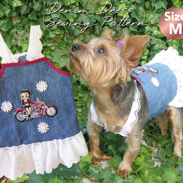 Denim Dog Dress pattern, dog Clothes sewing pattern, Small dog clothes, 4 kg (8.8 pounds), pet clothes, SIZE MEDIUM.