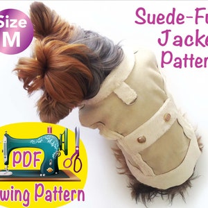 May include: A tan suede and fur dog jacket pattern, size M, with a cream-colored fur trim and gold-colored button details. The image also includes a sewing machine graphic with the text "PDF Sewing Pattern".