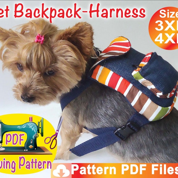 Dog BackPack Harness Pattern, Pet BackPack Harness Pattern, Cat BackPack Harness Pattern, Cute dogs clothes pattern, Size 3XL-4XL