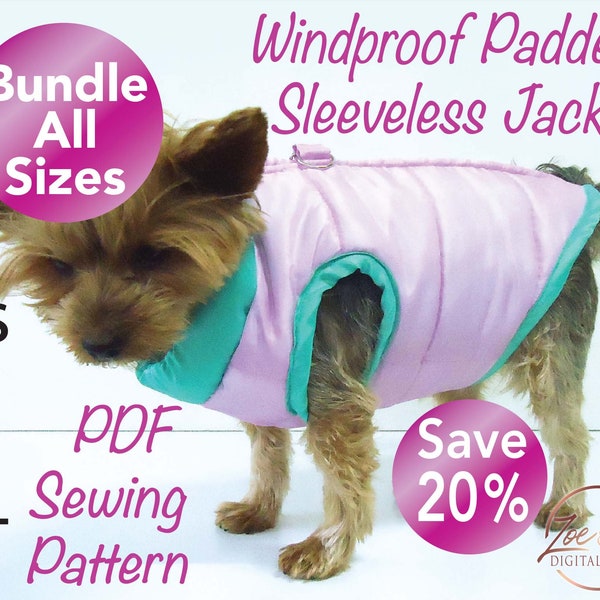 Dog Windproof Jacket pattern, Dog Padded Sleeveless Jacket, Practival winter Jacket harness, pet clothes sewing pattern, Bundle save 20%.