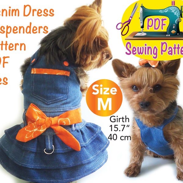 Dog Denim Dress Suspenders sewing Pattern, Pet Denim dress sewing pattern, Cat Dress pattern, Cute pet clothes, fashion pet clothes, size M.