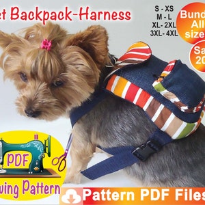 Puede incluir: Un patrón de costura para un arnés de mochila para mascotas. El patrón incluye tallas desde XS hasta 4XL. La imagen muestra un perro pequeño usando el arnés terminado. El patrón está disponible para descargar en PDF. "Bundle All Sizes Save 20%" está escrito en la imagen.
