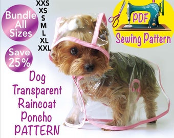 Dog transparent raincoat hooded poncho waterproof sewing Pattern, cute dogs cloth pattern, bundle 7 sizes, save 25%.