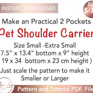 May include: A digital download pattern and tutorial for making a pet shoulder carrier with two pockets. The carrier is sized for small to extra small pets, measuring 7.5 inches by 13.4 inches at the bottom and 9 inches high. The pattern can be scaled to make a larger or smaller carrier.