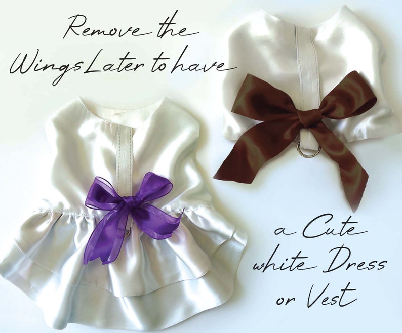 Puede incluir: Dos conjuntos blancos de sat&eacute;n para mascotas, uno con un lazo morado y otro con un lazo marr&oacute;n. El texto dice: "Remove the Wings Later to have a Cute white Dress or Vest."