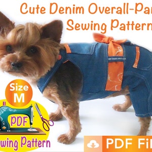 May include: A PDF sewing pattern for a denim overall-pants outfit for a dog. The pattern is for size M and features a cute dog wearing the finished product. The text "Cute Denim Overall-Pants Sewing Pattern" and "PDF Files" are visible in the image.