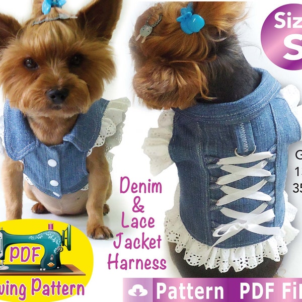 Dog Denim and Lace sleeveless jacket harness sewing Pattern, Pet jacket, pet vest, cute dog clothes pattern, Fashion dog clothes, size S