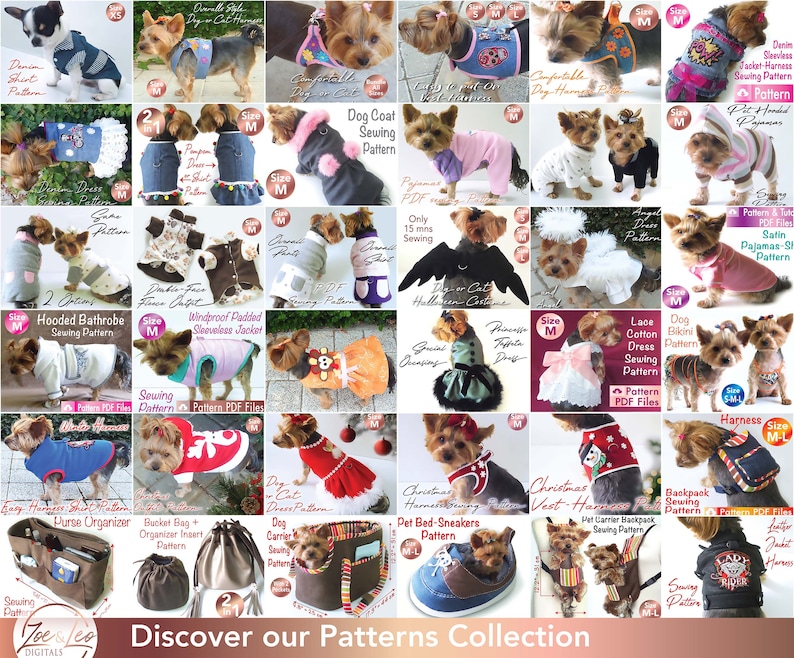Puede incluir: Un collage de patrones de costura de ropa para perros, que incluye chaquetas vaqueras, pijamas, vestidos y arneses. Los patrones son para varios tama&ntilde;os y estilos, con algunos con temas festivos. La imagen incluye el texto "Discover our Patterns Collection."