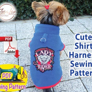May include: PDF sewing pattern for a cute blue shirt harness for a dog. The shirt has a red trim and a red and black "Lady Rider" patch.