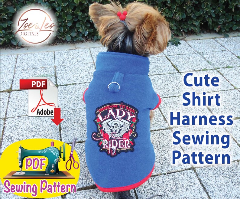 May include: PDF sewing pattern for a cute blue shirt harness for a dog. The shirt has a red trim and a red and black "Lady Rider" patch.