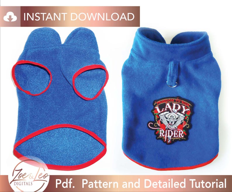 May include: A blue fleece dog sweater with red trim and a red, white, and black embroidered patch that says "Freedom to Ride Lady Rider".