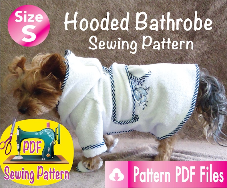 Dog Bathrobe Pattern, Pet bathrobe pattern, Cat Bathrobe pattern, Small dog clothes patterns, Hooded bathrobe pattern, size S. image 1
