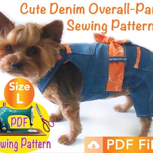 May include: A sewing pattern for a denim overall-pants for a dog. The pattern is for size L and is available as a PDF download. The image shows a small dog wearing the finished overalls, which are blue denim with orange accents.