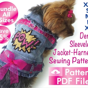 Puede incluir: Patrón de costura de arnés-chaqueta sin mangas de mezclilla para perros. La chaqueta tiene un parche de lentejuelas "POW", detalles en rosa y un lazo rosa. Disponible en tallas XS, S, M y XL. Agrupa todas las tallas y ahorra un 25%.