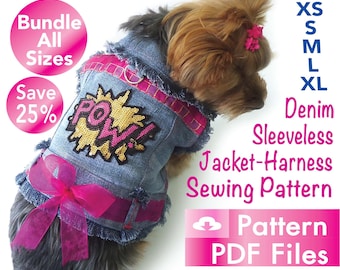 May include: Denim sleeveless jacket-harness sewing pattern for dogs. The jacket has a "POW" sequined patch, pink accents, and a pink bow. Available in sizes XS, S, M, and XL. Bundle all sizes and save 25%.
