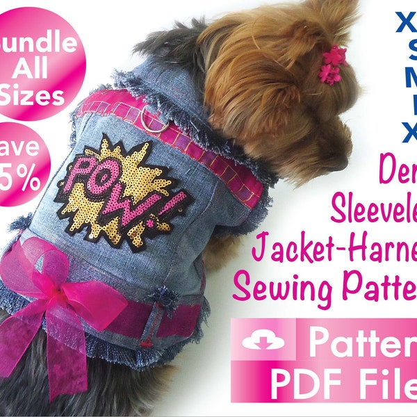 Dog Denim sleeveless jacket harness Pattern, Pet jacket, Cat vest, Cat Jacket, cute dog clothes pattern, Bundle, Save 25%.